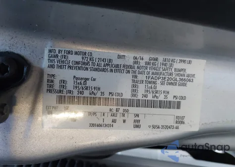 2016 Ford Focus S из США, поврежденный, VIN 1FADP3E20GL366063